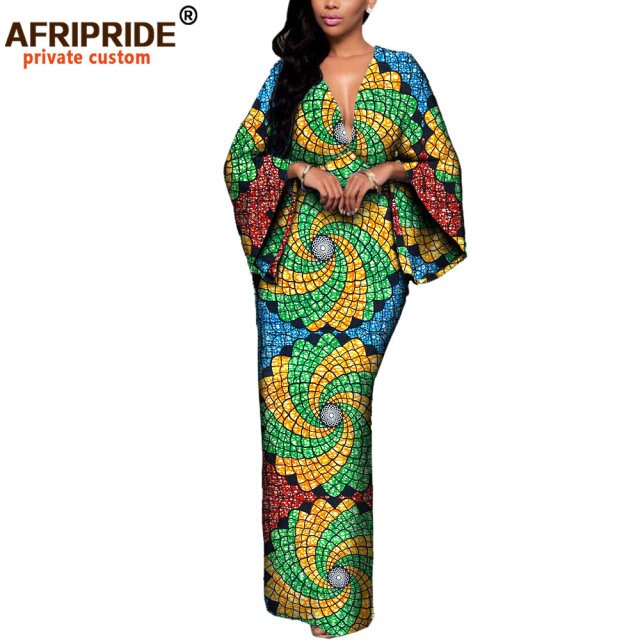 African Dresses for Women Maxi Dress AFRIPRIDE flare sleeve V-neck font and back ankle-length African cotton dress