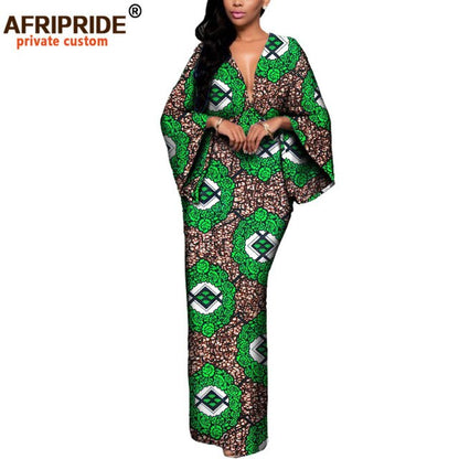 African Dresses for Women Maxi Dress AFRIPRIDE flare sleeve V-neck font and back ankle-length African cotton dress