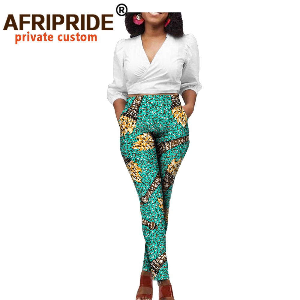 African Clothes for Women White Top and Print Pants 2 Piece Suit Set Dashiki Outfits Crop Top with Trousers Ankara Wear