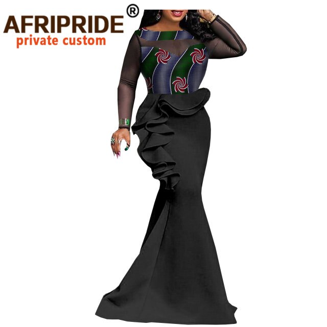 Women`s Maxi Dress High Waist African Lace Print Long Dress Plus Size Clothing