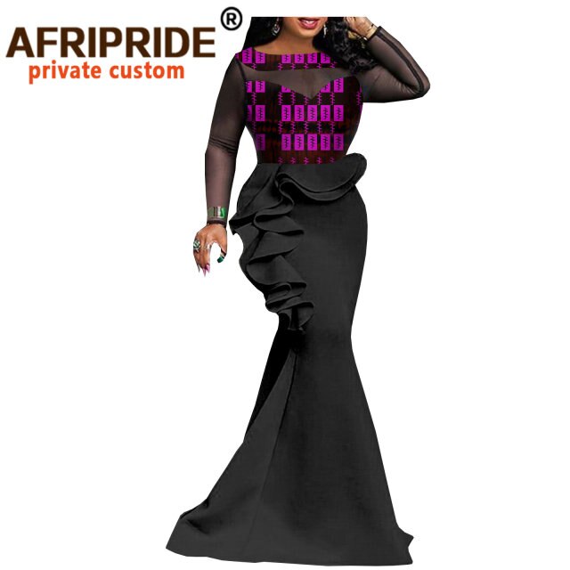 Women`s Maxi Dress High Waist African Lace Print Long Dress Plus Size Clothing