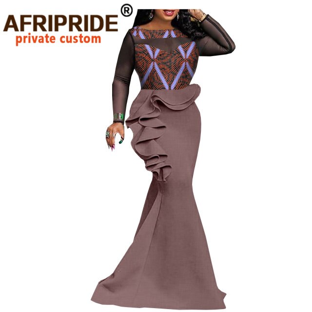 Women`s Maxi Dress High Waist African Lace Print Long Dress Plus Size Clothing