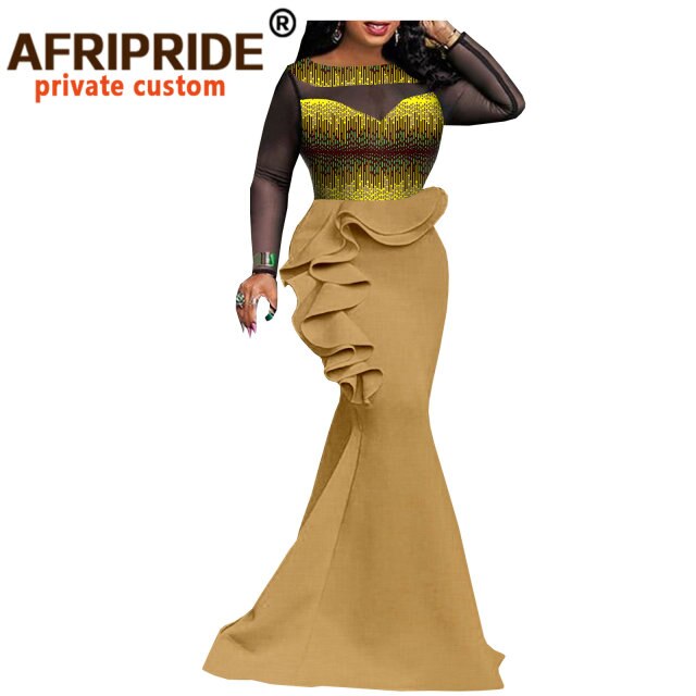 Women`s Maxi Dress High Waist African Lace Print Long Dress Plus Size Clothing