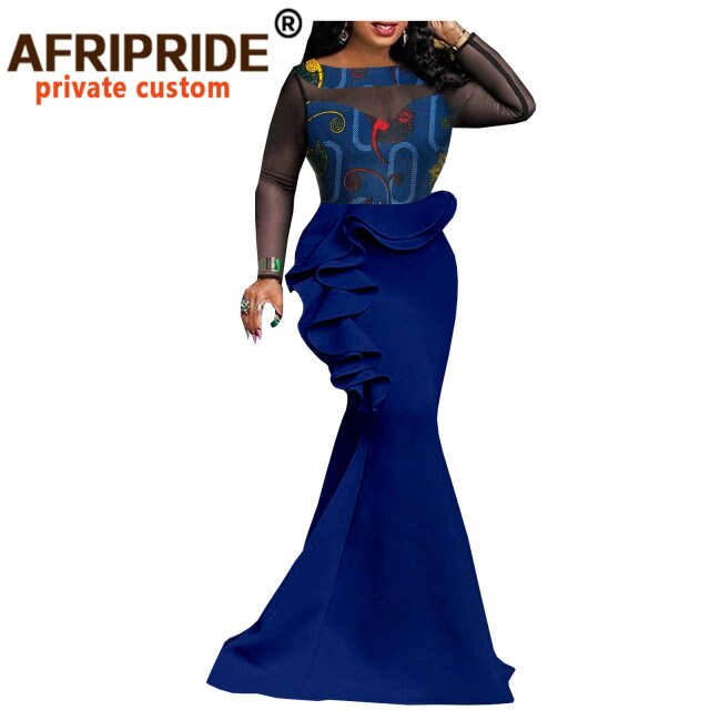 Women`s Maxi Dress High Waist African Lace Print Long Dress Plus Size Clothing