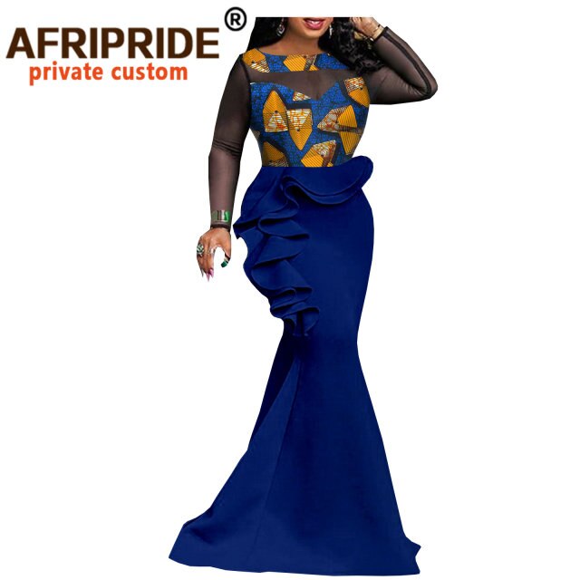 Women`s Maxi Dress High Waist African Lace Print Long Dress Plus Size Clothing