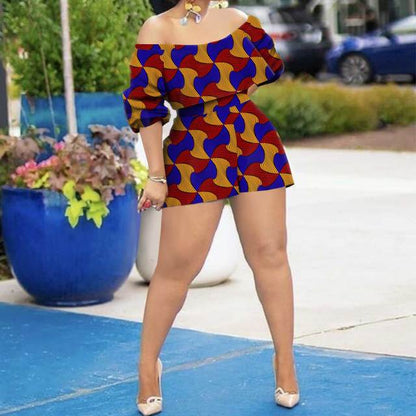 African Clothing for Women Off Shoulder Dashiki Top and Print Shorts 2 Piece Set Sexy Club Party Ankara Attire
