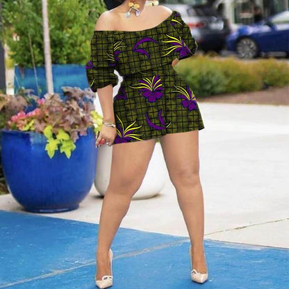 African Clothing for Women Off Shoulder Dashiki Top and Print Shorts 2 Piece Set Sexy Club Party Ankara Attire