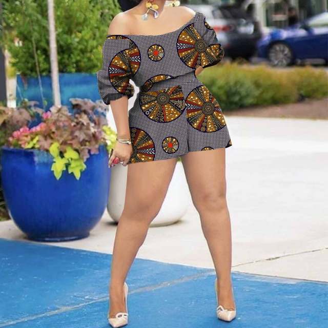 African Clothing for Women Off Shoulder Dashiki Top and Print Shorts 2 Piece Set Sexy Club Party Ankara Attire