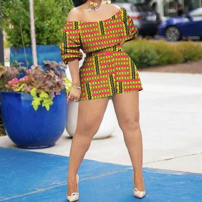 African Clothing for Women Off Shoulder Dashiki Top and Print Shorts 2 Piece Set Sexy Club Party Ankara Attire