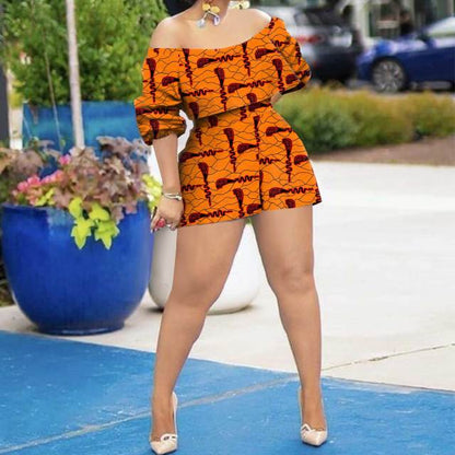 African Clothing for Women Off Shoulder Dashiki Top and Print Shorts 2 Piece Set Sexy Club Party Ankara Attire