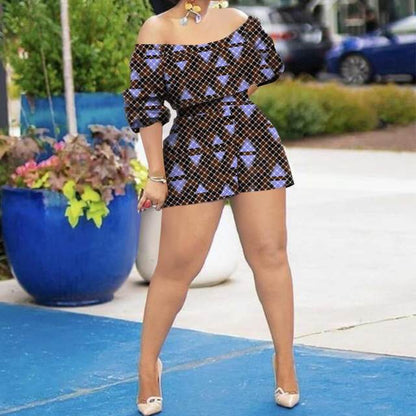 African Clothing for Women Off Shoulder Dashiki Top and Print Shorts 2 Piece Set Sexy Club Party Ankara Attire