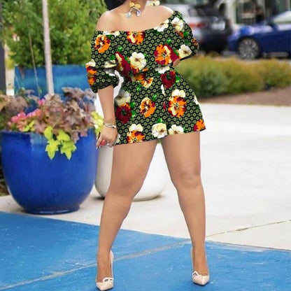 African Clothing for Women Off Shoulder Dashiki Top and Print Shorts 2 Piece Set Sexy Club Party Ankara Attire