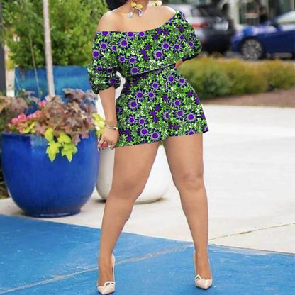 African Clothing for Women Off Shoulder Dashiki Top and Print Shorts 2 Piece Set Sexy Club Party Ankara Attire