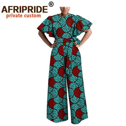 Women Jumpsuit Bodysuit Ankara Clothing Print Outfits Short Sleeve O-Neck Casual Wear with Belt A1829009