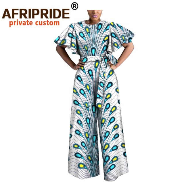 Women Jumpsuit Bodysuit Ankara Clothing Print Outfits Short Sleeve O-Neck Casual Wear with Belt A1829009