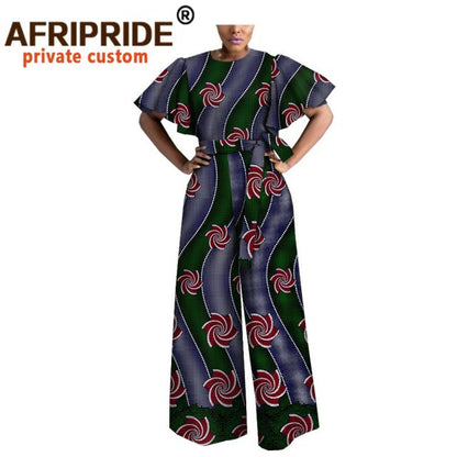 Women Jumpsuit Bodysuit Ankara Clothing Print Outfits Short Sleeve O-Neck Casual Wear with Belt A1829009