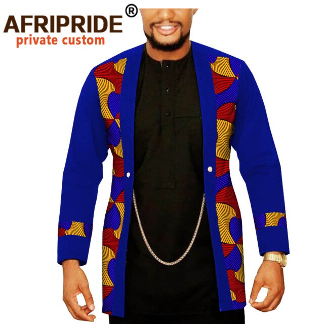 African Men Clothing Dashiki Coats Plus Size Open Front Long Sleeve Print Outfits Silver Chain Jacket Outwear