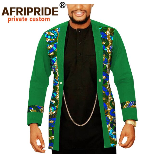 African Men Clothing Dashiki Coats Plus Size Open Front Long Sleeve Print Outfits Silver Chain Jacket Outwear