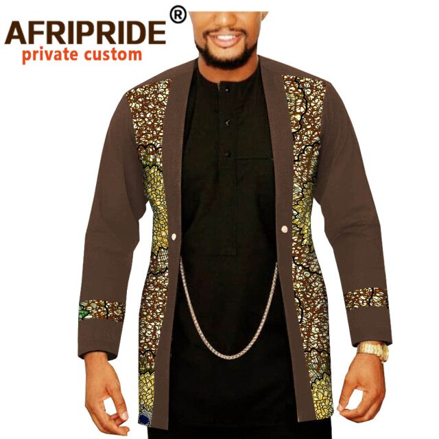 African Men Clothing Dashiki Coats Plus Size Open Front Long Sleeve Print Outfits Silver Chain Jacket Outwear