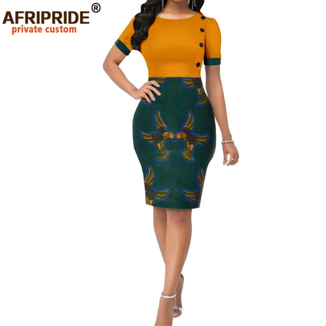 Women`s Bodycon Dress Short Sleeve O-neck Ankara Printed Casual Vintage Formal African Outfits