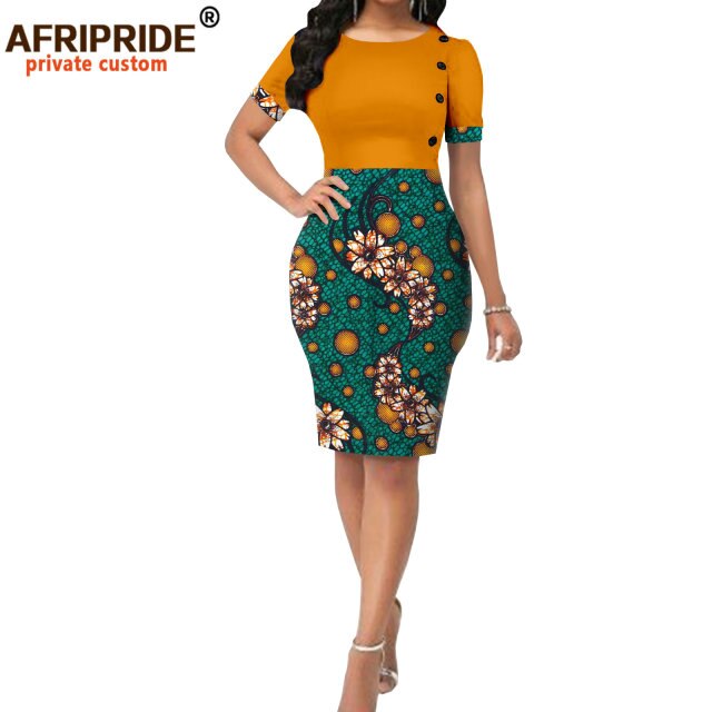 Women`s Bodycon Dress Short Sleeve O-neck Ankara Printed Casual Vintage Formal African Outfits