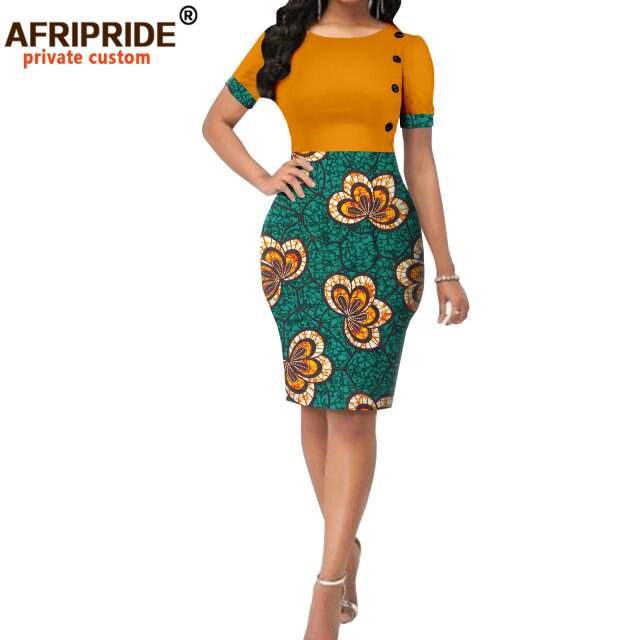 Women`s Bodycon Dress Short Sleeve O-neck Ankara Printed Casual Vintage Formal African Outfits